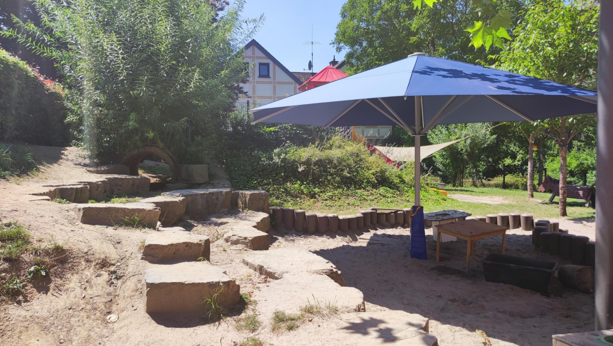 Man sieht den Außenbereich mit Sandkasten und Sonnenschirm