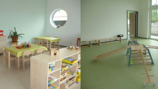 Man sieht zwei Innenräume der KiTa. Auf der linken Seite ist der Bastelbereich und auf der rechten Seite ein Bewegungsraum (c) Katholische KiTa gGmbH Trier Man sieht zwei Innenräume der KiTa. Auf der linken Seite ist der Bastelbereich und auf der rechten Seite ein Bewegungsraum