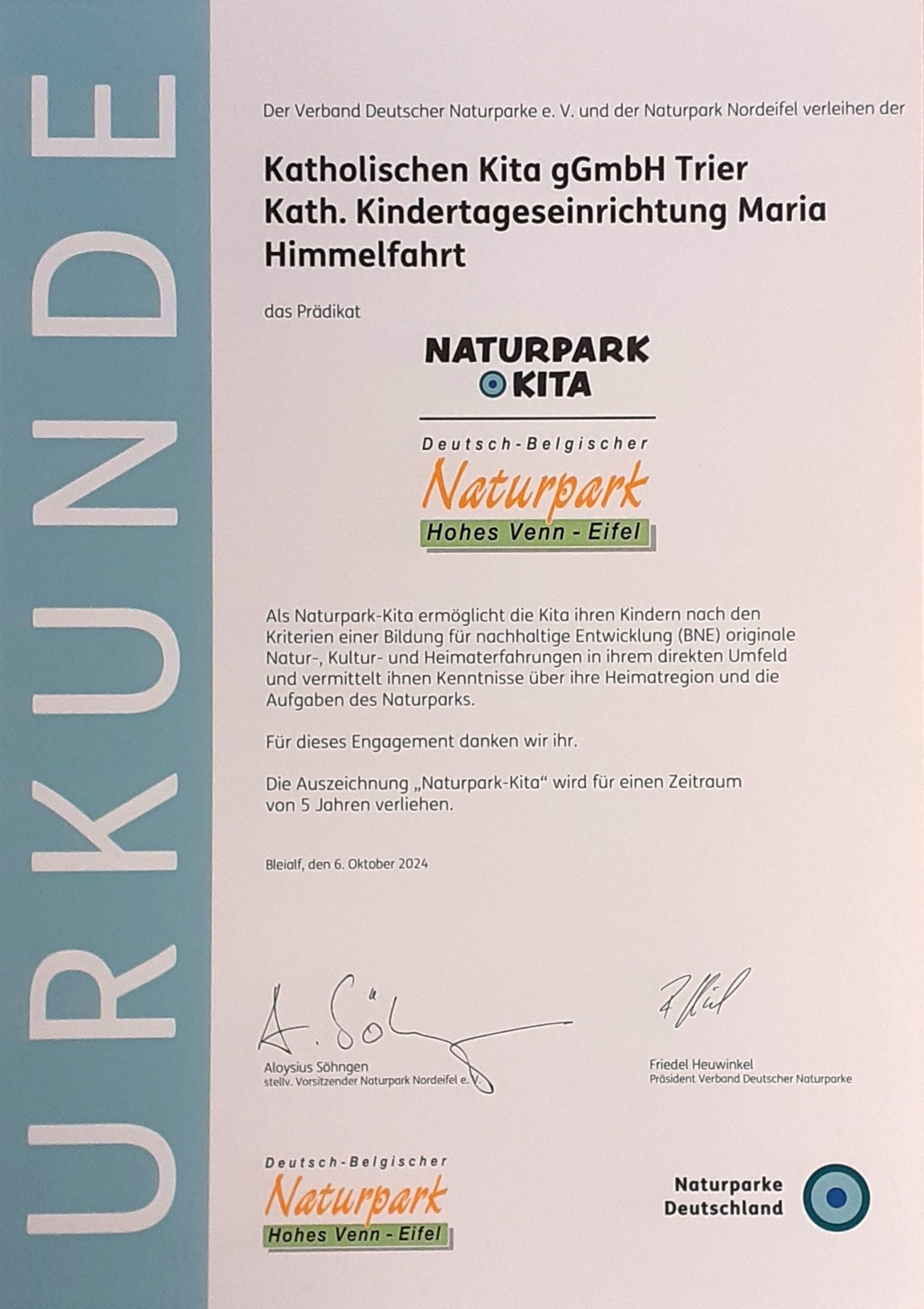 Bleialf, Maria-Himmelfahrt_Urkunde Naturpark KiTa