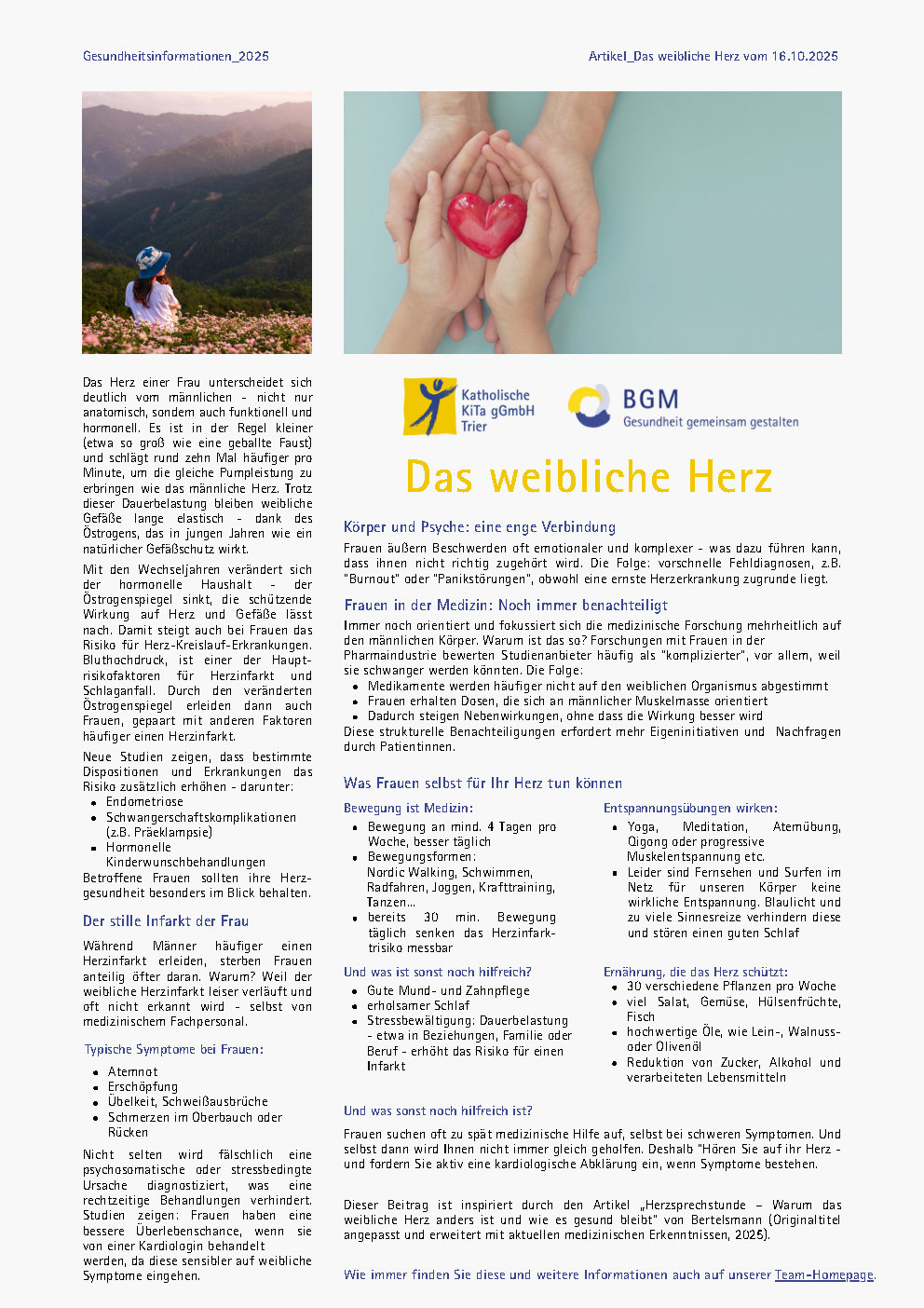 Gesundheitsinformation Das weibliche Herz 11/25 (c) Katholische KiTa gGmbH Trier Gesundheitsinformation Das weibliche Herz 11/25